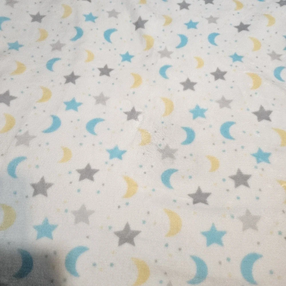 Parents Choice Moon Stars Yellow Gray Baby Blanket Minky Satin Trim 30x40 EUC